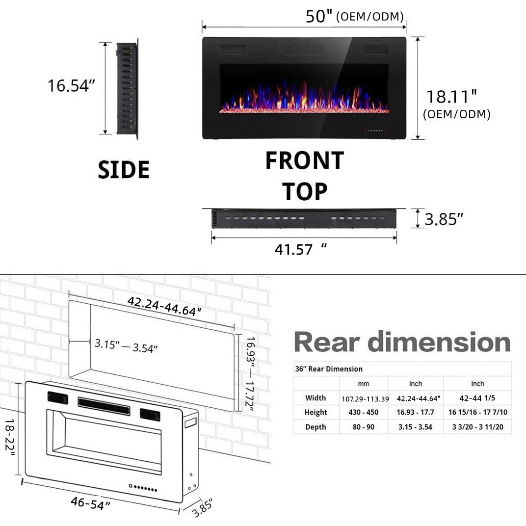 50-Inch Black LED Wall-Mounted Fireplace